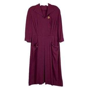 L XL B 42 W 32 Fancy 1940s Grape Eggplant Purple Rayon Dress 40s WWII Pockets
